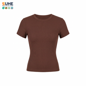 Haut court côtelé ajusté SUHE pour femme, manches courtes, col rond, couleur unie, décontracté, été, respirant, en modal et élasthanne tissé - Product Image 1