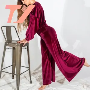TUOYI dantel kaburga tasarımcı salonu giyim kış pijama Femme pijama takımı 2 parça kadife kadın Loungewear