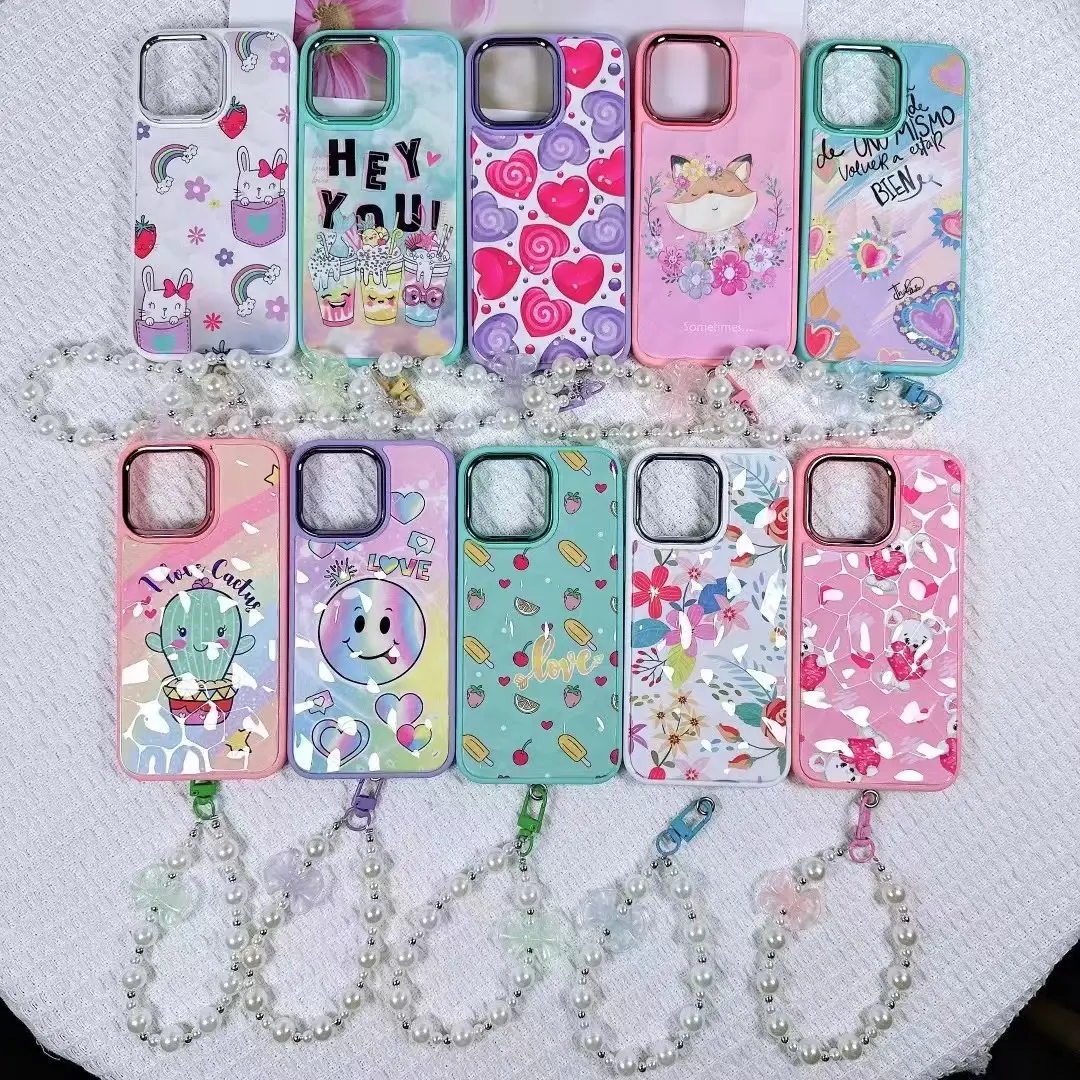 Oeil d'élève deux en un, motif diamant + bracelet de perles avec carte, étui de téléphone portable à trou de galvanoplastie pour iPhone pour Samsung