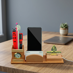 Custom Wooden <b>Phone</b> Charger <b>Stand</b> <b>Desk</b> Organizer with Pen Holder Clock USB Charging Slot Corporate Gift - Product Image 3