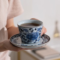 Ensemble tasse et soucoupe à café MSH, style luxe léger, bleu et blanc, lotus et vigne, pour le bureau
