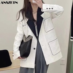 ANSZKTN-<span class=keywords><strong>Chaqueta</strong></span> de Traje de Lana para <span class=keywords><strong>Mujer</strong></span>, <span class=keywords><strong>Blazer</strong></span> con Bolsillos Grandes, <span class=keywords><strong>Blazer</strong></span> de Tweed, Estilo Occidental, Vintage, Blanco - Product Image 1