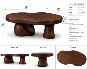 Organic <b>Walnut</b> <b>Coffee</b> <b>Table</b> Modern Minimalist Design Handmade Solid Wood Living Room Furniture Wood/ Metal Frame - Product Image 2