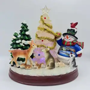 Customizable Resin Creative Christmas Tree And Snowman Decoration Sculpture With Led Lights