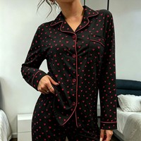 Ensemble de vêtements de détente pour femmes en coton pur de haute qualité, imprimé cœur, col à revers, manches longues, pantalon long, en stock