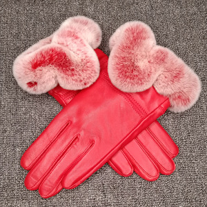Gants d'hiver en cuir pour femmes avec fourrure de lapin Rex et peau de mouton en velours, gants thermiques, style uni décontracté - Product Image 4