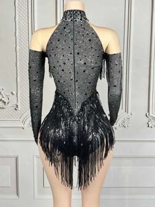 Combinaison de <span class=keywords><strong>danse</strong></span> sexy décontractée pour femmes, tenue de scène d'été, respirante, <span class=keywords><strong>avec</strong></span> strass, paillettes, franges, coupe ajustée au genou, pour chanteuse - Product Image 4