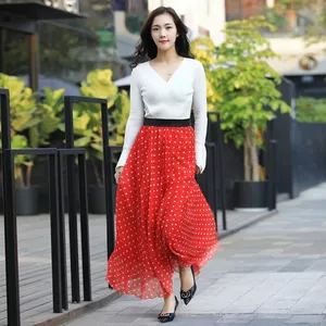 Thiết Kế Mới Nhất Thời Trang Ô Polka Dot In Ấn Phụ Nữ Dài Eo Váy Boho Hàn Quốc Phong Cách Cổ Điển Maxi Váy Với Nếp Gấp