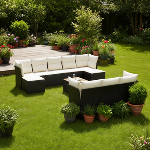 Garden <b>Sofa</b> Set Black Frame Cream White Cushions Outdoor Furniture <b>Rattan</b> Waterproof Contemporary Design - Product Image 2