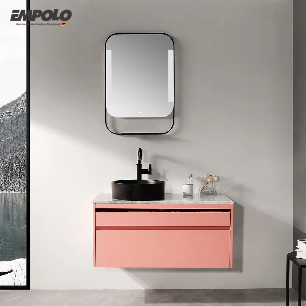 Luz LED rectangular para espejo, juegos de baño, tocador moderno de madera de lujo, armario de baño con lavabo