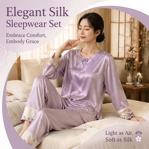 Pigiama da donna in seta di gelso, stile cinese, a maniche lunghe, con reggiseno integrato, per casa e sonno estivo - Product Image 2
