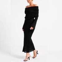 Nouvelle arrivée Automne Hiver Robe élégante sexy transparente pour femmes, robe de club noire, épaules dénudées, manches longues évasées, robe en tricot