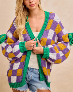 Femmes décontracté Mardi Gras damier nœud décor ouvert Cardigan pull hiver saison avant Logo goutte épaule coupe ample - Product Image 2