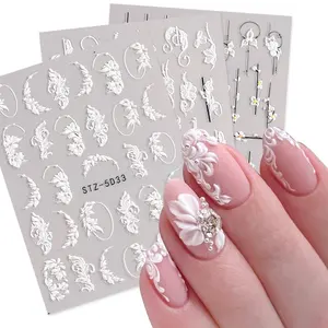 5D Acrylic Flowers Nail Stickers Decals White Lace Christmas Design Simple Floral Embossed Sliders DIY Nails Accessories Deco