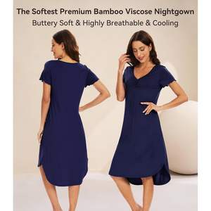 Chemise de nuit personnalisée pour femme en viscose de bambou douce, manches courtes, col rond, robe de pyjama d'été, bleu marine, taille S - Product Image 4