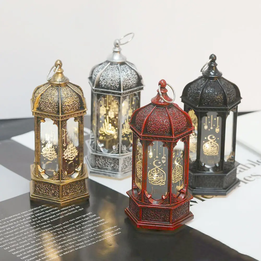 Muçulmano árabe Eid Mubarak LED Luz Ramadan Ouro Ferro Plástico Artesanato Pendurado Lanterna Festa Decoração De Mesa Ornamentos