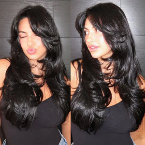 Peluca <span class=keywords><strong>de</strong></span> Cabello Humano Virgen Remy con Encaje Transparente y Flequillo, Pre-Cortada, Ondulada, en Capas, 7x6, sin Pegamento, para Mujeres Negras, Venta al Por Mayor - Product Image 1