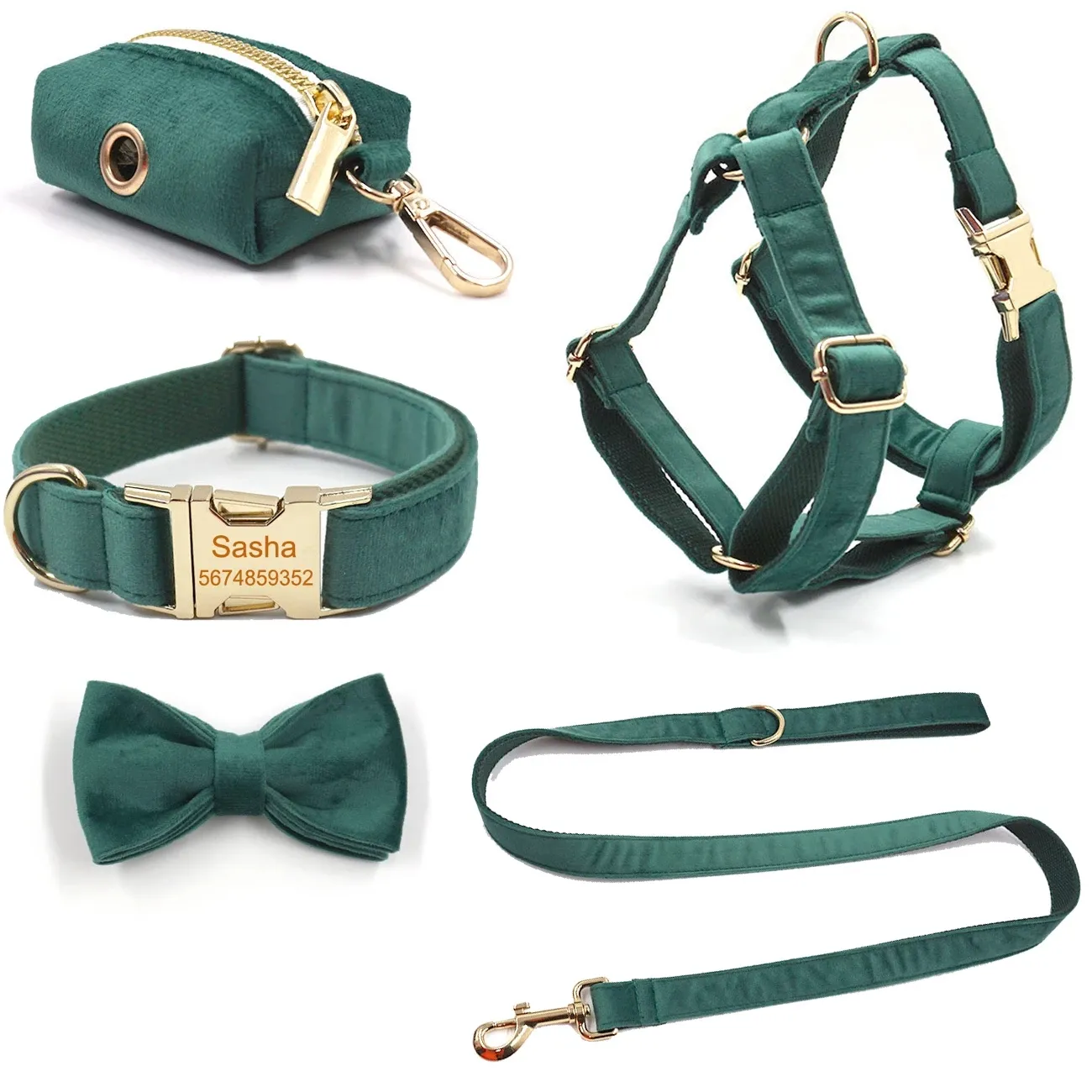 Custom Logo Luxe Ontwerpers Fluwelen Hond Harnas Riem En Kraag Bowtie Poepzak Hond Harnas Corduroy Met Metalen Gesp