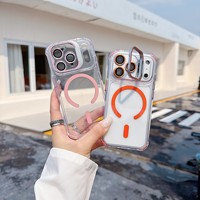 Coque transparente magnétique antichoc de luxe avec protection d'objectif en verre et support pour iPhone 17 Air, 17, 16, 15, 14 Plus, 18, 13, 12, 11 Pro Max