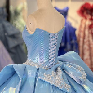 ชุดเดรสสีฟ้าสำหรับงาน Quinceanera ฉลองอายุ 15 ปี ประดับดอกไม้หลากสีสัน แต่งเลื่อมสีน้ำเงิน ประดับลูกปัด ผ้าลูกไม้ ชุดราตรีสำหรับงานปาร์ตี้ Dy1371 - Product Image 6
