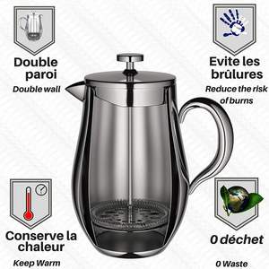 <span class=keywords><strong>Cafetière</strong></span> <span class=keywords><strong>à</strong></span> <span class=keywords><strong>piston</strong></span> en métal de 1 litre avec coque en acier inoxydable <span class=keywords><strong>à</strong></span> double paroi, garde le café chaud longtemps, outils de barista - Product Image 1
