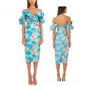 새로운 도매 우아한 미디 연인 캐주얼 바디 콘 드레스 고품질 폴리 에스터 자카드 파티 퍼프 슬리브 드레스
