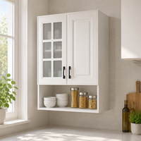 Armoires murales de cuisine blanches avec portes shaker et grille en verre, armoires supérieures modulaires sur mesure, prêtes pour évier, design moderne, rangement et présentation