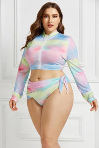 S-5XL 2023 femmes grande taille manches longues fermeture éclair haut cravate die flore coloré 3 pièces bikini ensemble maillot <span class=keywords><strong>de</strong></span> <span class=keywords><strong>bain</strong></span> avec bandeau - Product Image 6