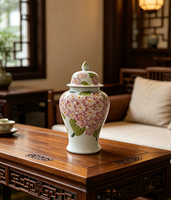 Pot à gingembre rose pâle, motif de feuilles vertes, pot de rangement en porcelaine avec couvercle