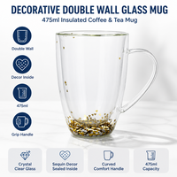 Mug en verre décoratif à double paroi isolé avec paillettes en forme de cœur, grande capacité de 475 ml, pour café, thé, boissons chaudes, maison, bureau, cadeau