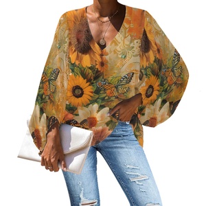 À la mode fleurs imprimé femmes 2024 à manches longues hauts habillé décontracté col en V <span class=keywords><strong>tunique</strong></span> chemises en mousseline de soie ample <span class=keywords><strong>travail</strong></span> Blouse pour les femmes - Product Image 5