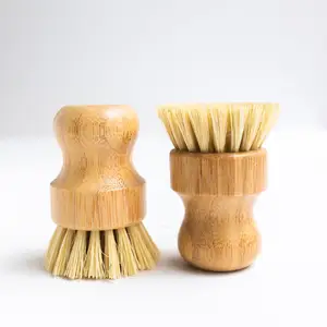 Vente chaude Cuisine Brosse De Nettoyage Sisal Épais Brun Manche Court Brosse À Vaisselle Ronde Bambou Bois Pot Brosse