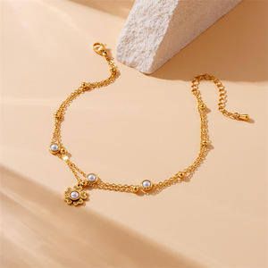 Chevillère double chaîne en acier inoxydable plaqué or avec perles imitation marguerite et breloques petites perles pour adolescentes - Style décontracté - Product Image 2