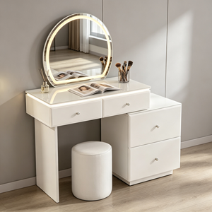 Nouvel Arrivage Ensemble Coiffeuse Blanc Lisse et Brillant avec Miroir LED Rond, Commode à 2 Tiroirs Détachable et Tabouret Cylindrique Solide pour Chambre - Product Image 2