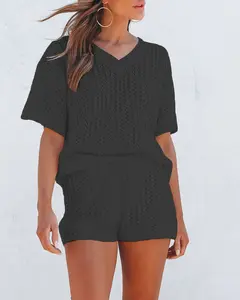 Women's Casual Sets 2 Piece Outfits Hollow Out Short Sleeve V- Neck Tops Drawstring Shorts Suits