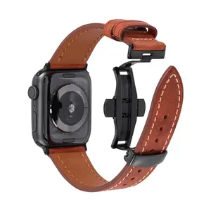Wholesale 10mm watch strap leather-Butterfly buckle leather strap for iWatch Band 45mm 40mm, Genuine Leather Replacement Band Strap for Apple Watch SSeries 7
