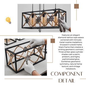 Nueva Lámpara Colgante Rectangular de 3 Luces con Diseño de Roseta de Diamantes y Cuerda, en Oferta - Product Image 6