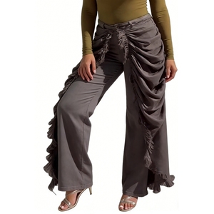 Pantalon en jean froncé à franges pour femme - Jean taille haute à jambes larges tendance - Product Image 5