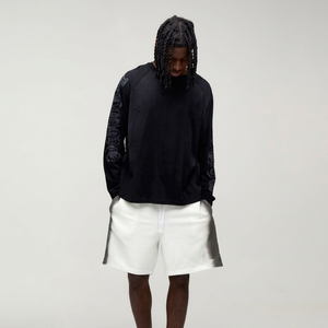 <b>Men</b> Black <b>Long</b> Sleeve Crew Neck T-Shirt Left Sleeve White <b>Shorts</b> Set Casual Summer Wear Breathable Knitted Cotton Streetwear - Product Image 1