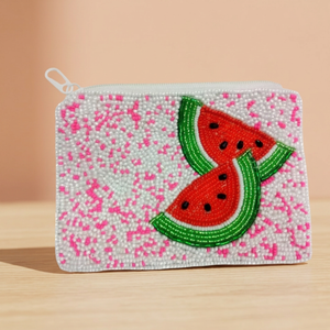 Pochette à monnaie de voyage en polyester, style décontracté, forme carrée, motif pastèque brodé à la main, mini pochette zippée - Product Image 1