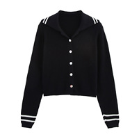 Cardigan en tricot côtelé rayé à col mandarin pour femme, style preppy décontracté, vêtement d'extérieur tricoté boutonné pour l'automne