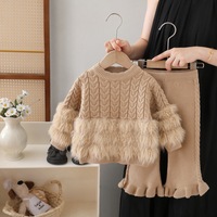 Nouvel ensemble tricoté 2 pièces pour filles, automne-hiver : pull col rond en maille torsadée avec fausse fourrure et pantalon évasé côtelé