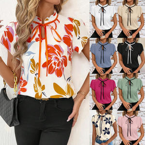 Haut à manches courtes à col en V pour femmes européennes et américaines, décontracté, ample, respirant, de style bureau, nouvelle mode, imprimé floral peint - Product Image 2