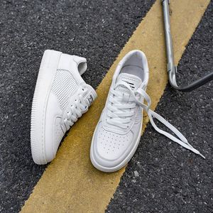 Baskets en cuir pleine fleur blanc perforé à bout rond, à lacets, avec semelle extérieure en caoutchouc strié, respirantes, pour la marche quotidienne décontractée - Product Image 4