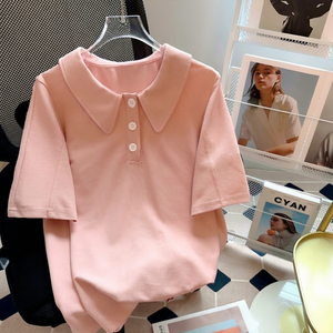 Polo de Manga Corta Rosa para Mujer, Casual, Color Sólido, Cuello Peter Pan, Tejido de Punto, Largo Regular - Product Image 1