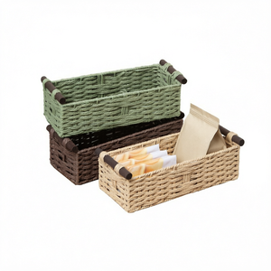 Paniers de rangement rectangulaires tissés avec poignées, en osier naturel, design rustique polyvalent pour l'organisation de la maison - Product Image 1
