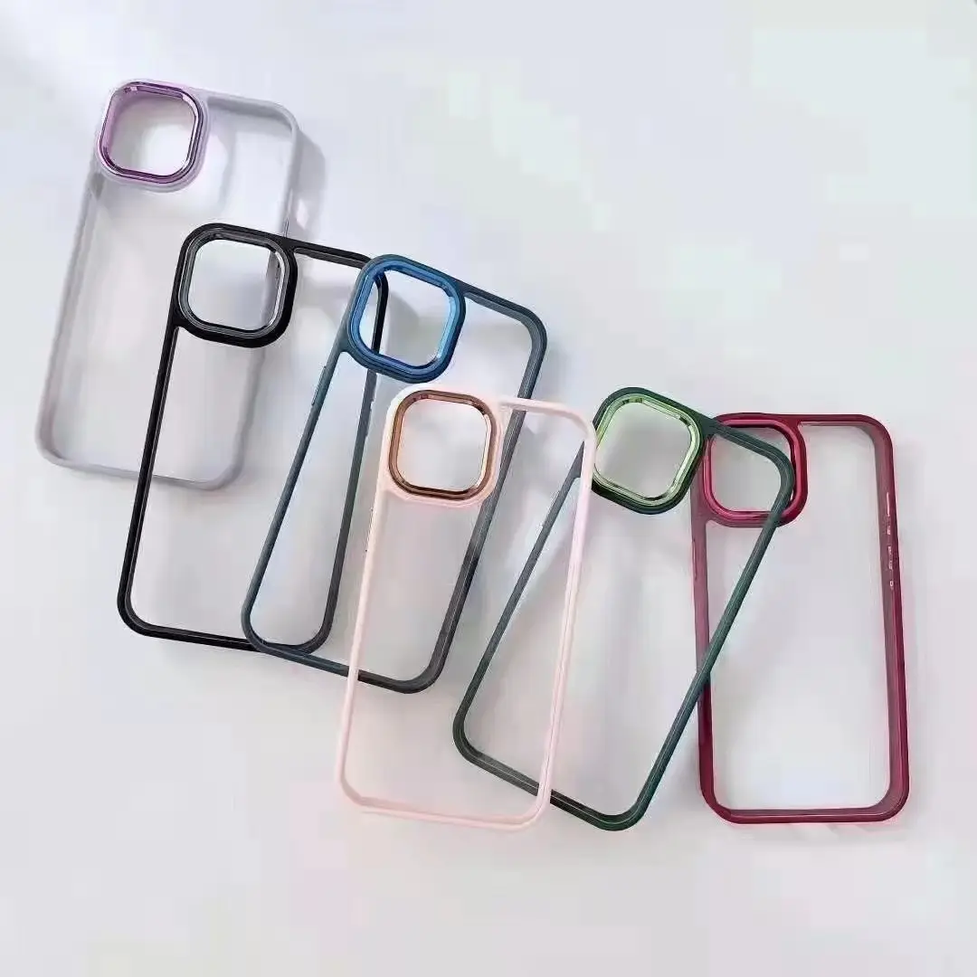 Color Frame Bumper Crystal Clear Acrylic Back Cover for iPhone 14 Metal Lens Camera Protective Phone Case For samsung s10