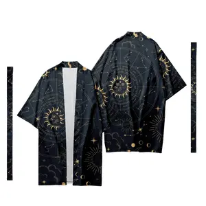 Erkek japon uzun Kimono hırka erkek samuray kostüm Kimono ay yıldız uzay desen Kimono gömlek Yukata ceket 9