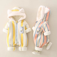 Romper Bayi Berkerudung Musim Dingin, Telinga Kelinci 3D, Patch Boneka Kelinci, Saku Bunga, Jumpsuit Salju Bayi Berlapis Ritsleting