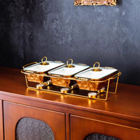 Ensemble de 3 réchauds en céramique martelée dorée avec couvercle en verre et support chauffant doré, réchaud rectangulaire pour buffet, idéal pour la restauration